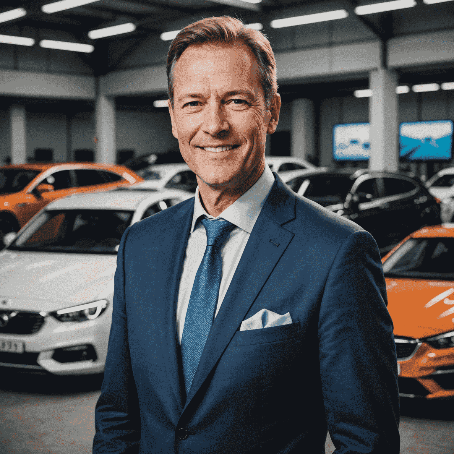 Portret van Jan de Vries, CEO van DriveFuse. Een man van middelbare leeftijd met een vriendelijke glimlach, gekleed in een modern pak, staand voor een achtergrond van auto's en computerschermen.