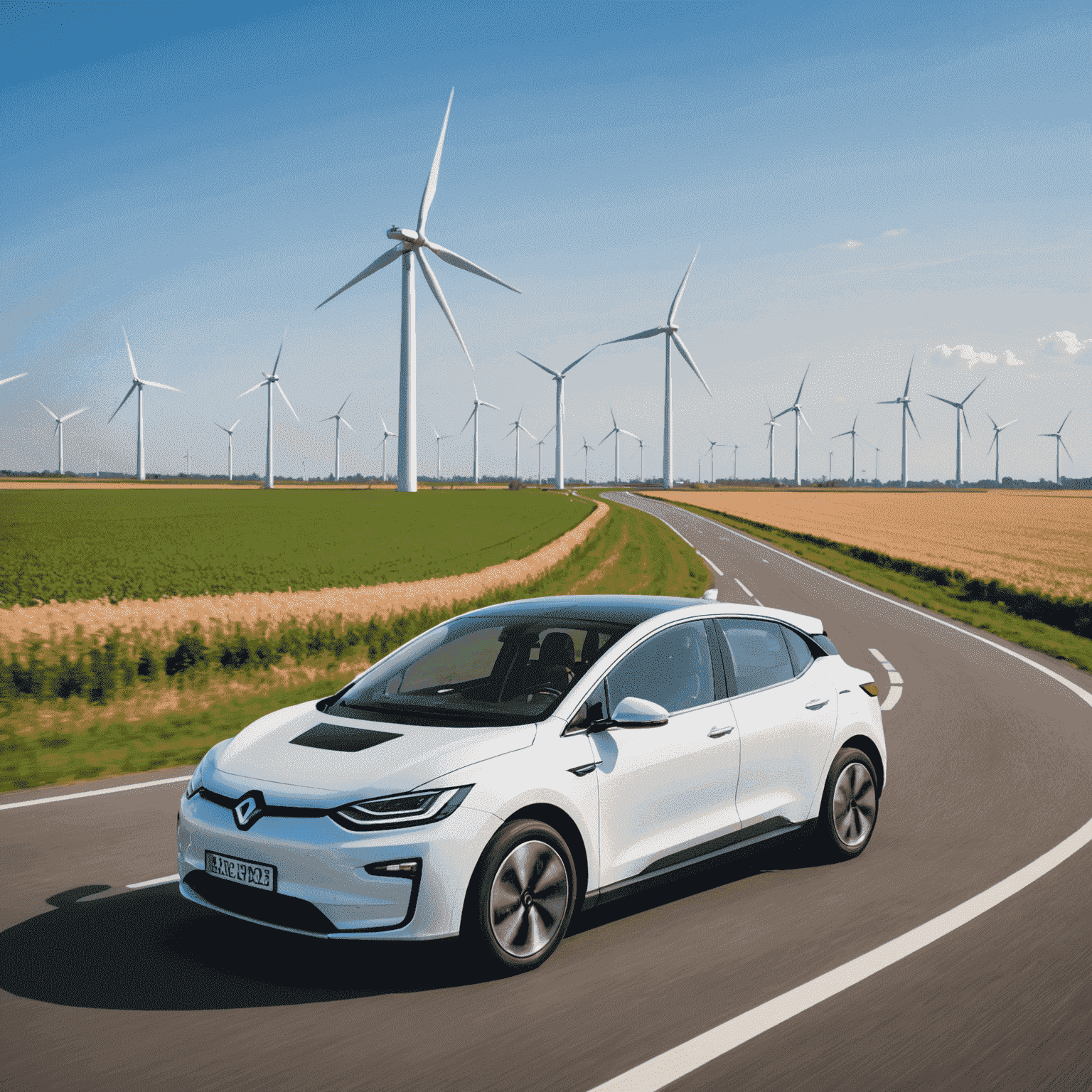 Een moderne elektrische auto rijdend op een Nederlandse weg met windmolens op de achtergrond, symboliserend de toekomst van elektrisch rijden in Nederland