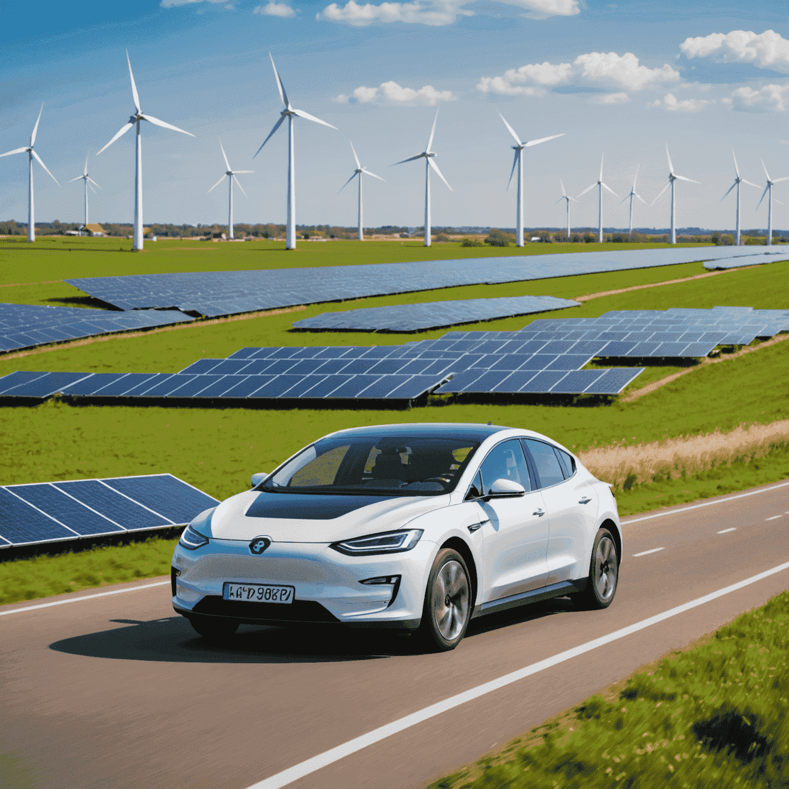 Een moderne elektrische auto rijdt door een typisch Nederlands landschap met windmolens en zonnepanelen op de achtergrond, wat de overgang naar duurzame energie symboliseert