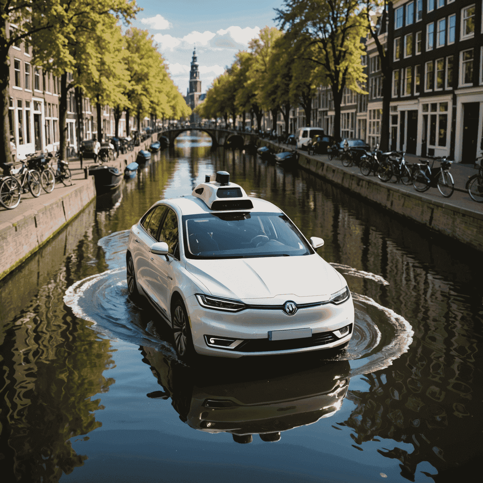 Een zelfrijdende auto navigerend door de grachten van Amsterdam, met sensoren en camera's zichtbaar, illustrerend de Nederlandse benadering van autonome rijtechnologie