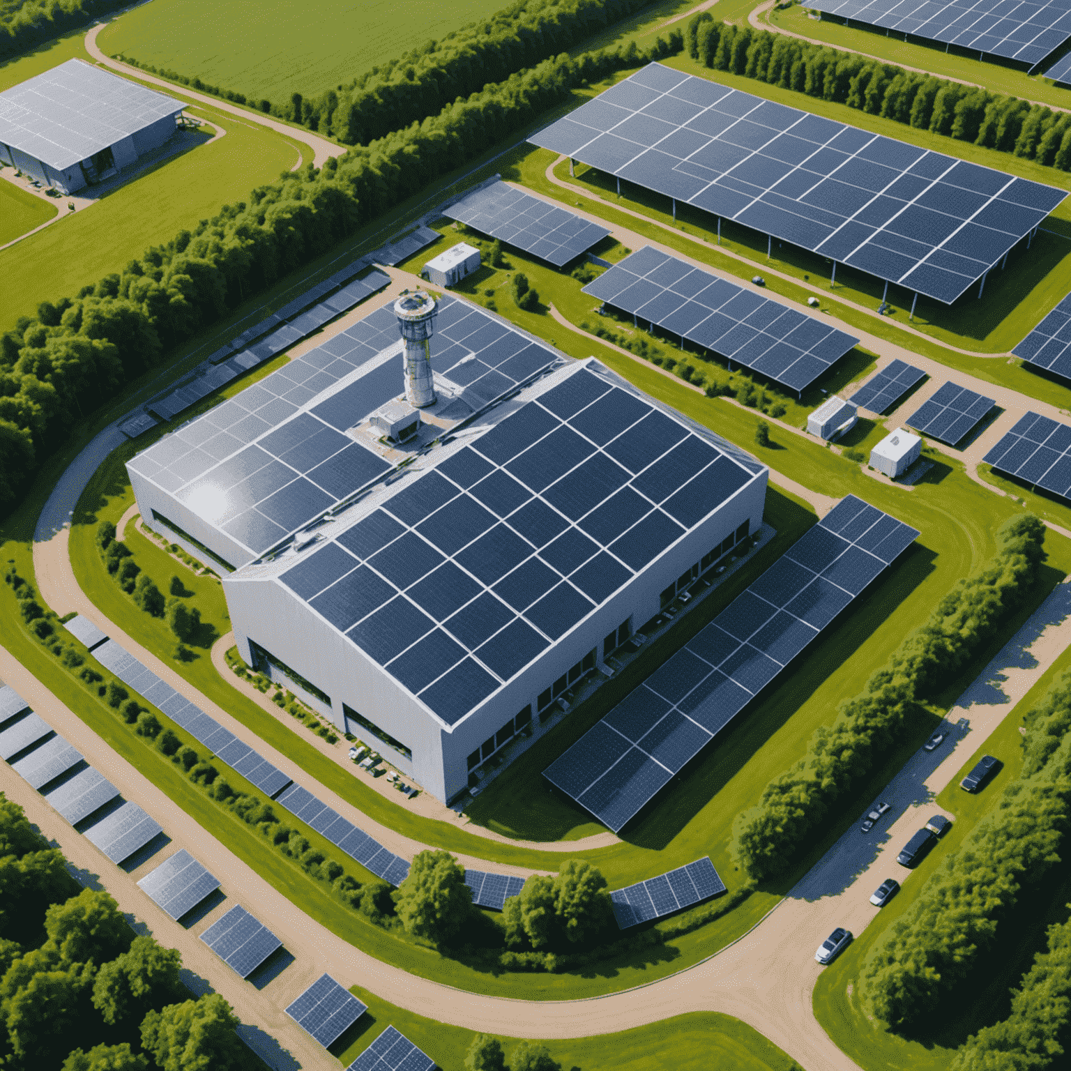 Luchtfoto van een Nederlandse autofabriek met uitgebreide zonnepanelen op het dak en windturbines in de omgeving. De fabriek is omringd door groen en heeft een modern, duurzaam uiterlijk.