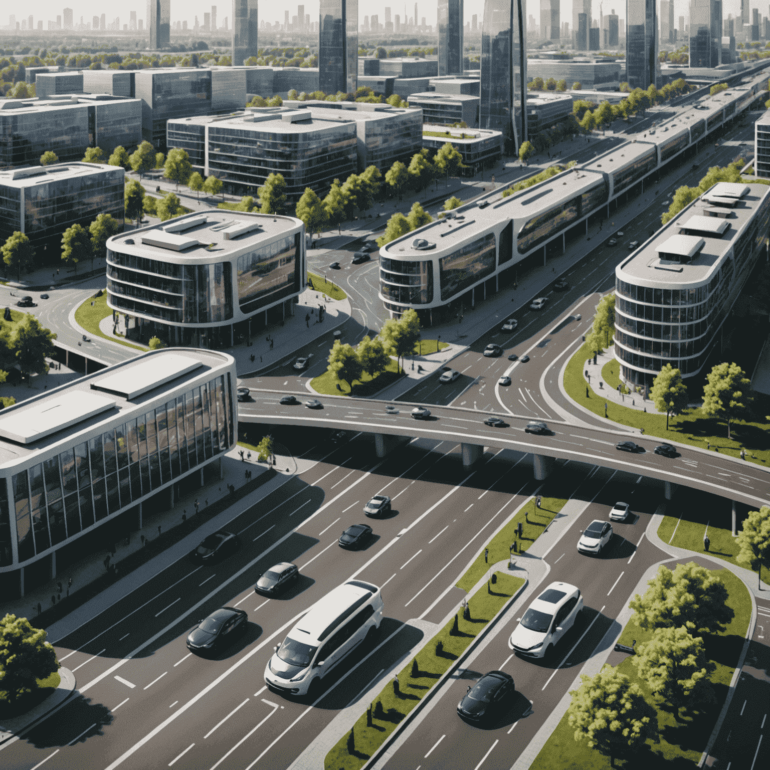 Een futuristische weergave van een Nederlandse stad met geïntegreerde slimme verkeerssystemen en connected cars