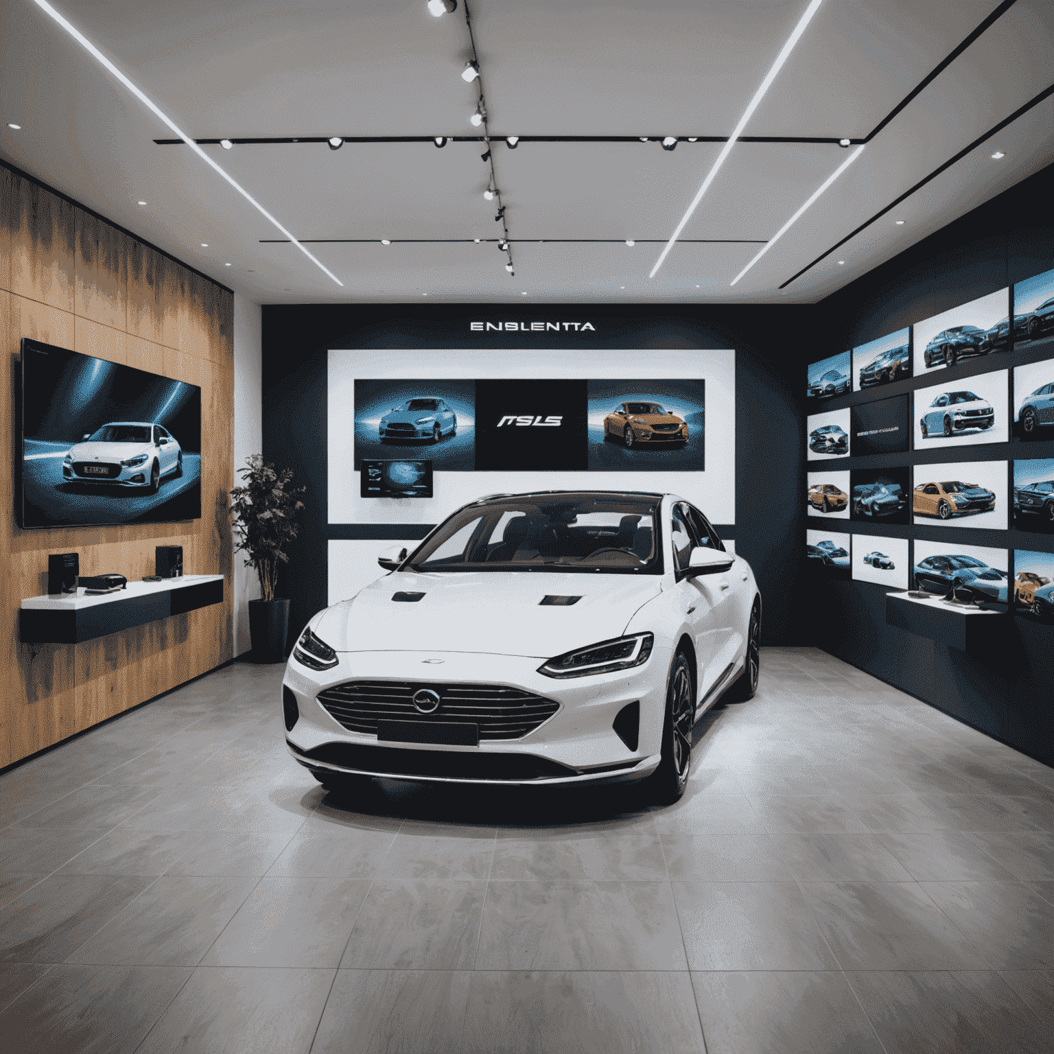 Een moderne, high-tech digitale showroom met grote touchscreens en virtuele reality-apparatuur, waar klanten auto's kunnen bekijken en configureren