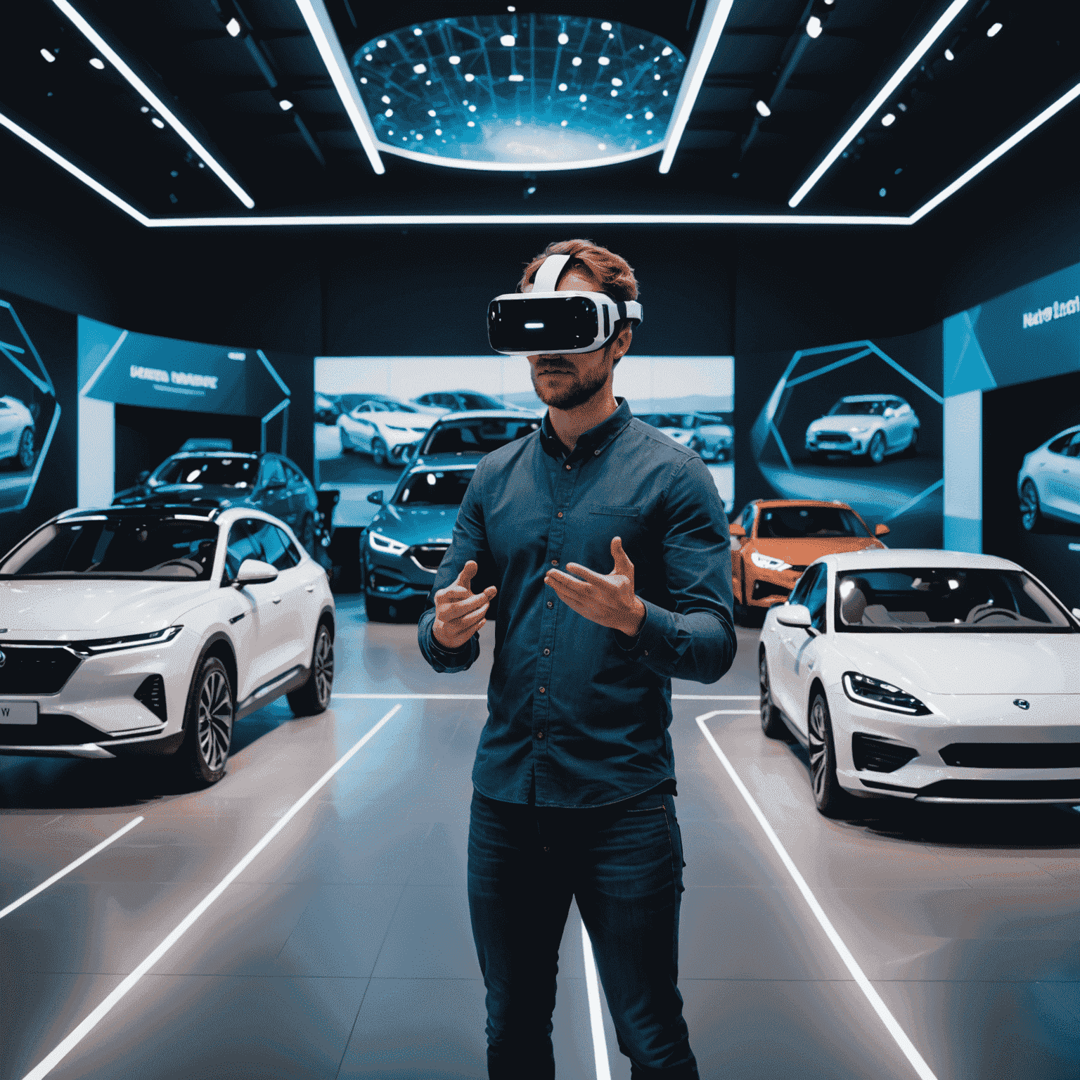 Een persoon met een VR-bril die een virtuele showroom ervaart, omringd door holografische auto's, wat de digitalisering van de Nederlandse autoverkoop illustreert