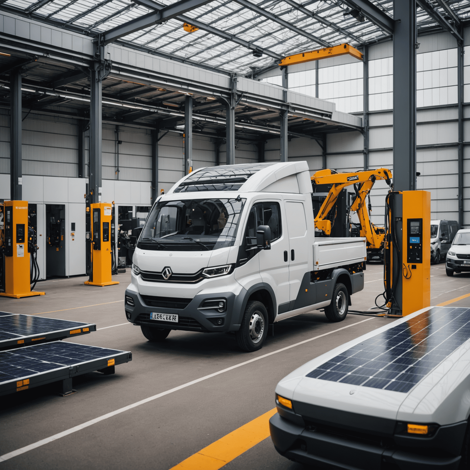 Een elektrische vrachtwagen laadt duurzaam geproduceerde auto-onderdelen in bij een Nederlandse autofabriek. Op de achtergrond zijn zonnepanelen en een laadstation voor elektrische voertuigen zichtbaar.