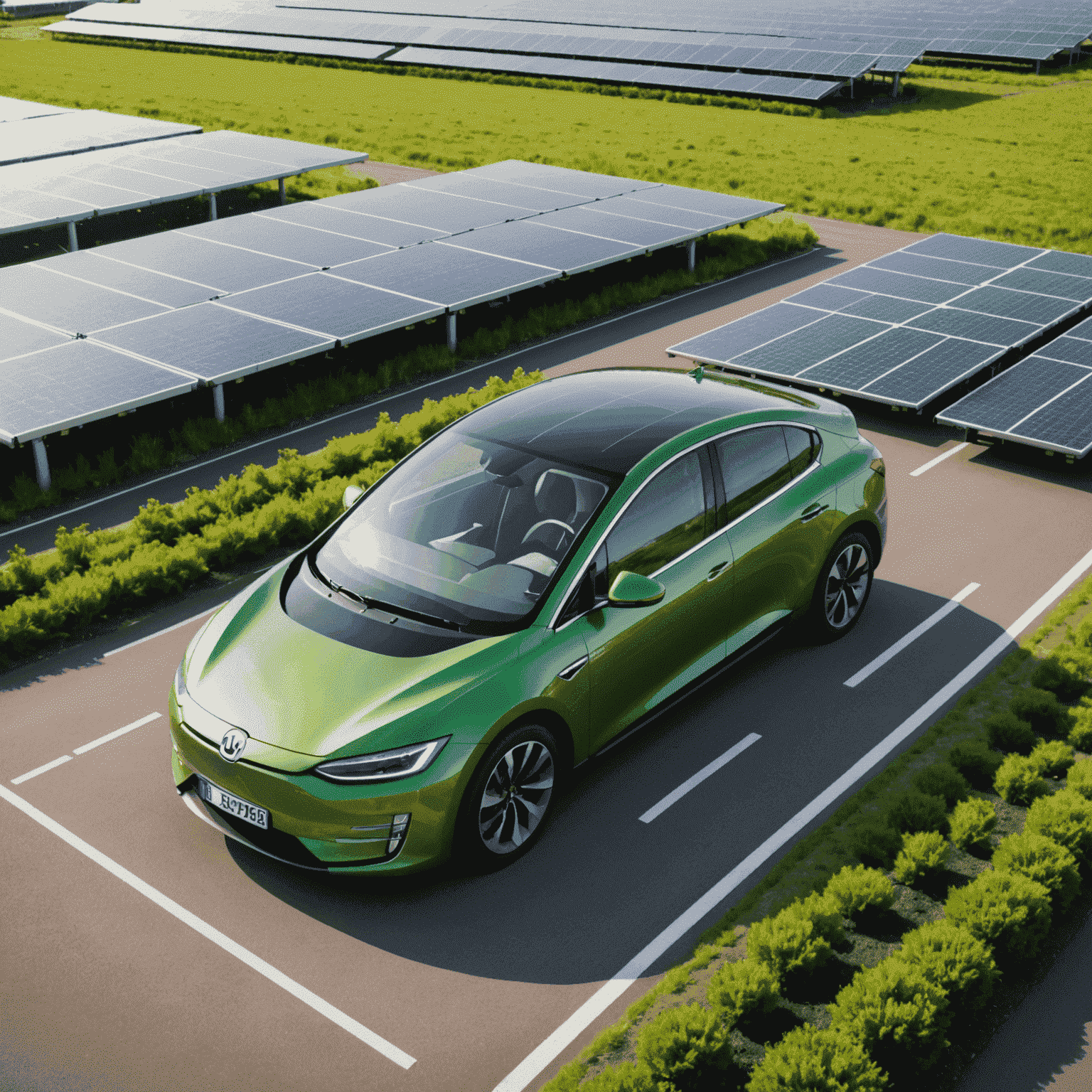 Een moderne, groene autofabriek in Nederland met zonnepanelen op het dak en elektrische voertuigen in productie, die duurzame productie in de Nederlandse auto-industrie symboliseert